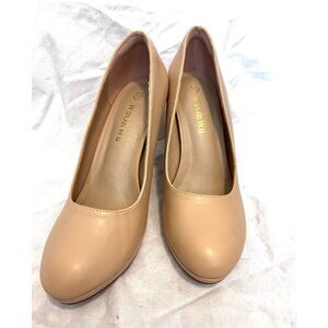 WuorWu Women's Round Toe Platform Cone Heel Slip-on Pumps Nude Size 6.5